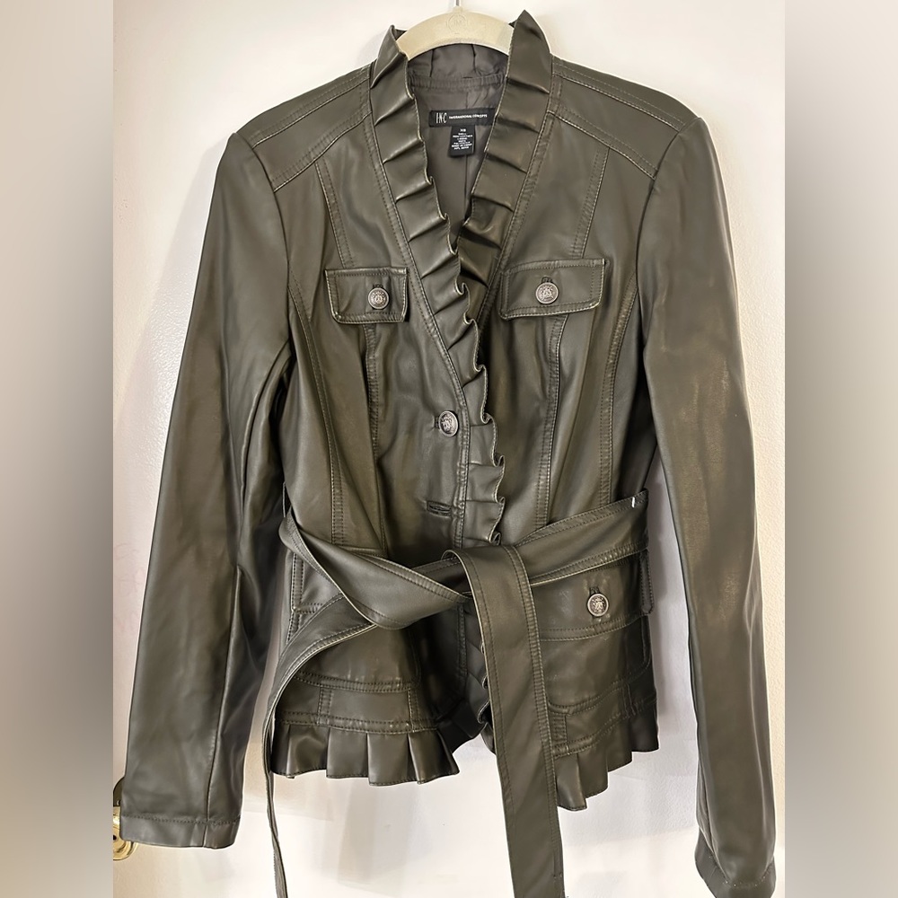 INC International Concepts MossGreen Faux Leather Belted Jacket XS - NWT